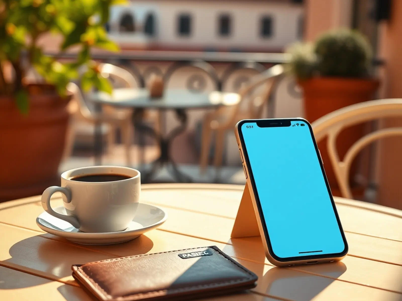 Smartphone mit Kasse und Bankkarte auf Terrassentisch
